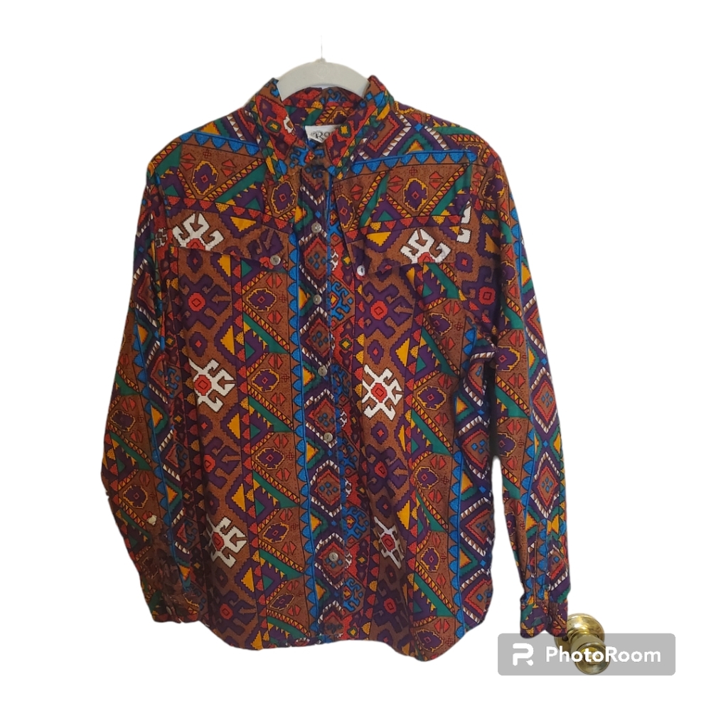 Vintage Rodeo Western Wear Horse Riding Shirt Top Blouse Aztec Colorful Sz LG
